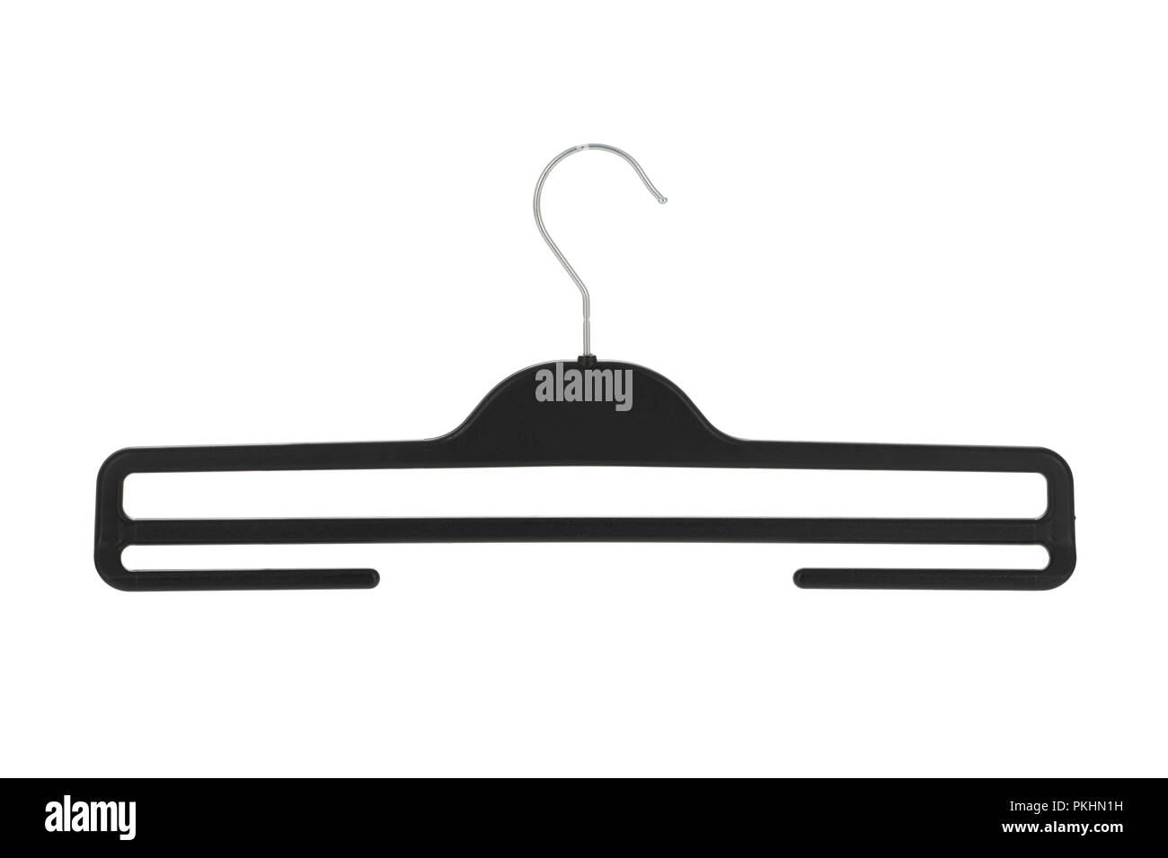 Kunststoff schwarz Hose/Rock Kleiderbügel auf weißem Hintergrund Stockfoto