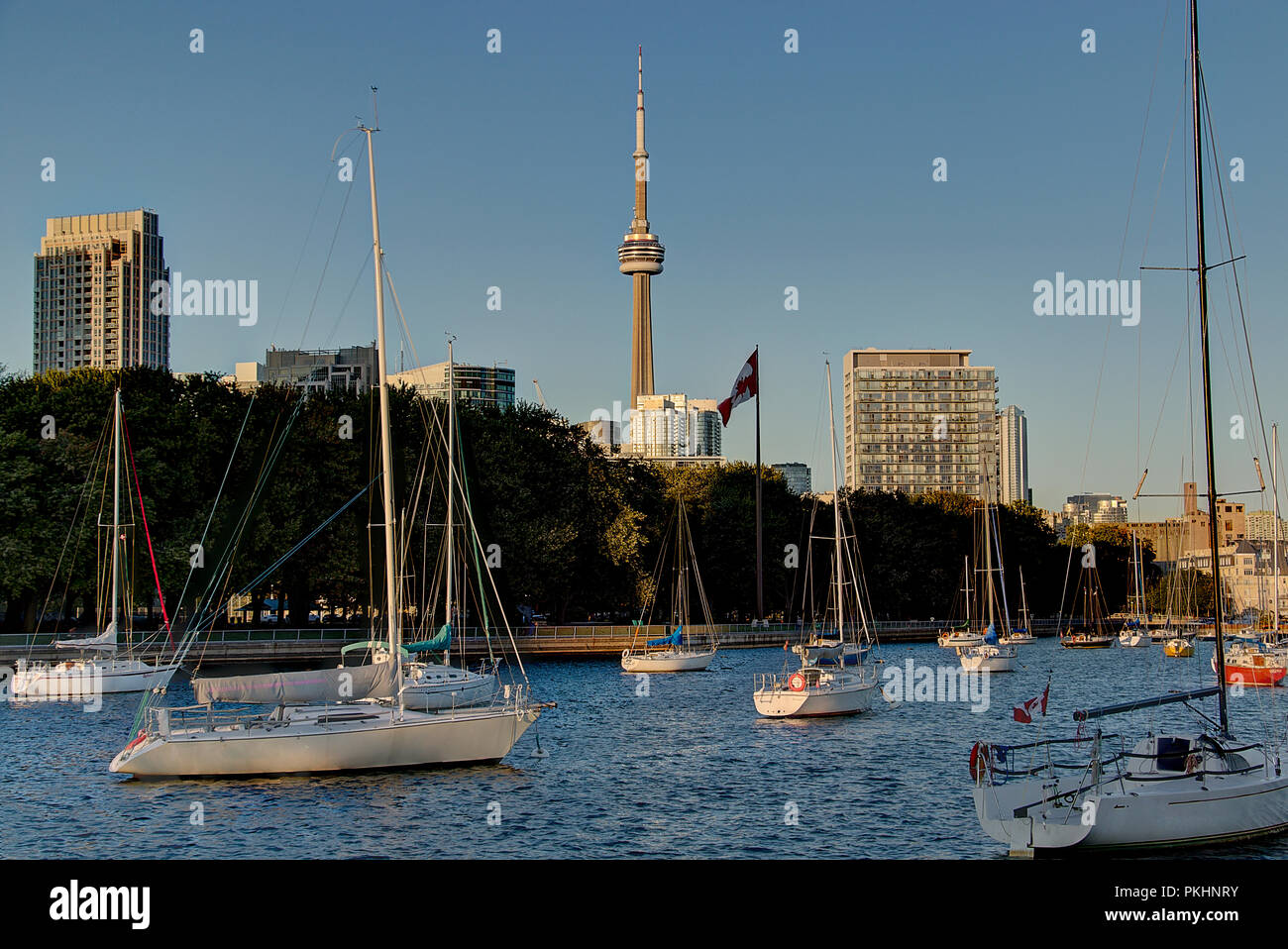 Schönen blick auf Toronto Hafen mit Segelbooten schwimmend im Wasser und die Skyline der Stadt im Hintergrund mit CN Tower. Toronto Kanada. Stockfoto