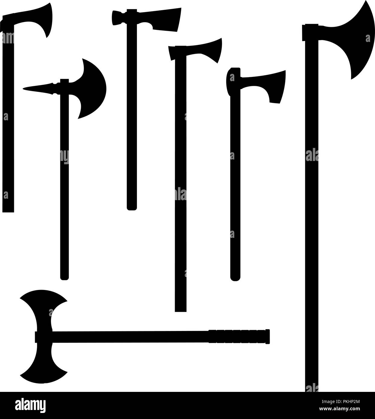 Vektor einrichten der mittelalterlichen Schlacht Achsen Umrisse Silhouette, schwarz auf weiß Stock Vektor
