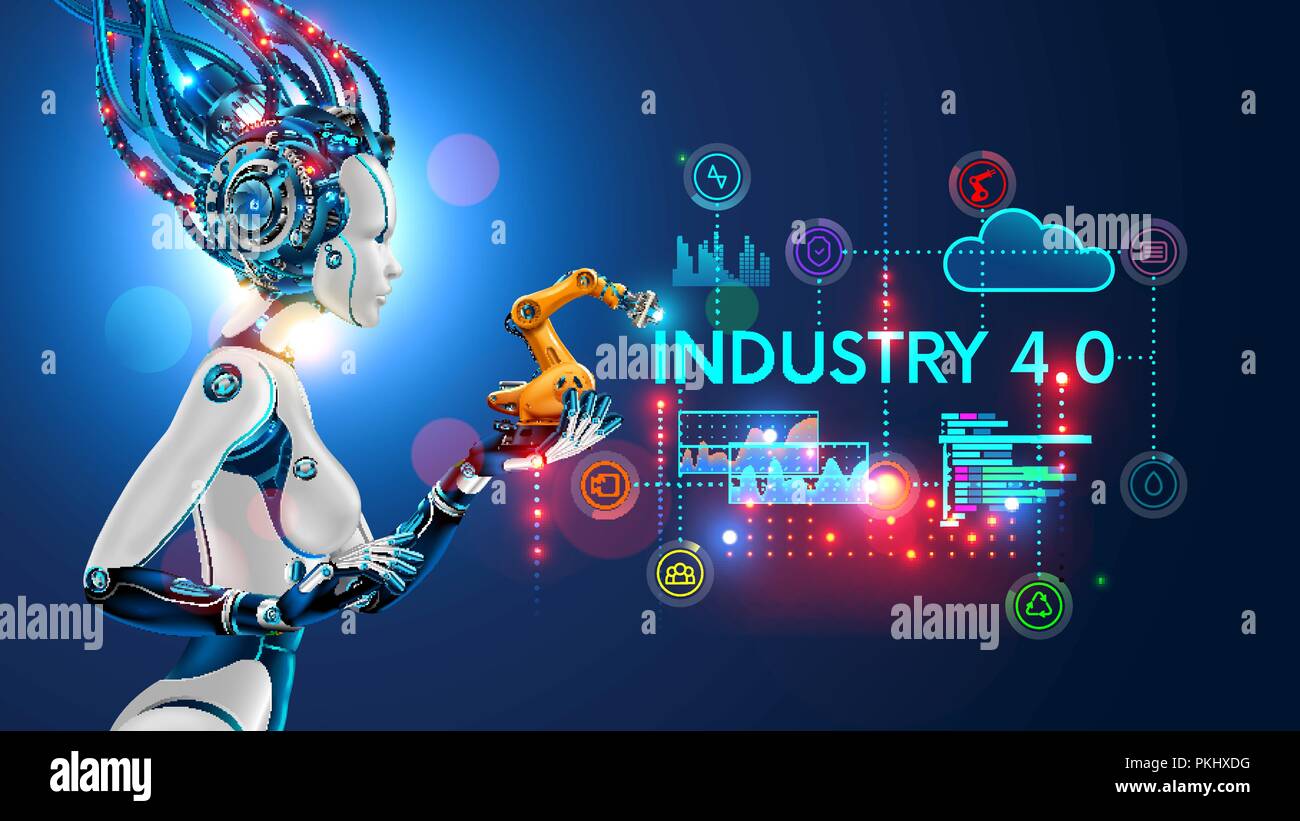 Concept Industrie 4.0. Künstliche Intelligenz Automatisierung der Fertigung auf smart factory. Ai verwendet geistigen Management von industriellen Prozessen. Roboter woman holding in der Palm ein Roboterarm Stock Vektor
