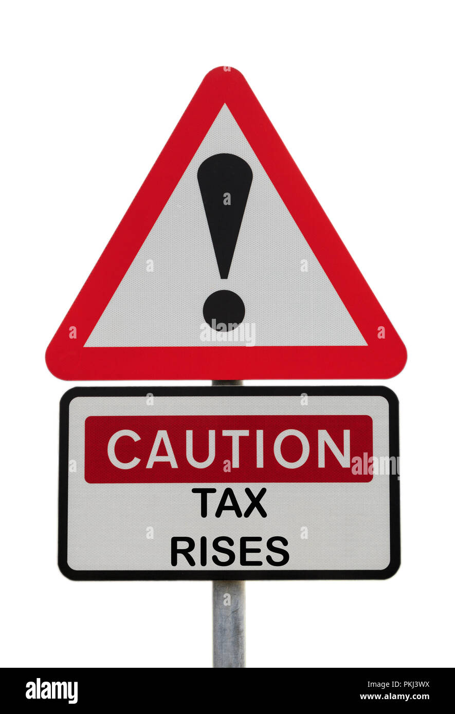 Dreieckige Schild Warnung Vorsicht Steuern steigt mit Ausrufezeichen finanzielle Zukunft Konzept zu veranschaulichen. England, Großbritannien, Großbritannien, Europa Stockfoto