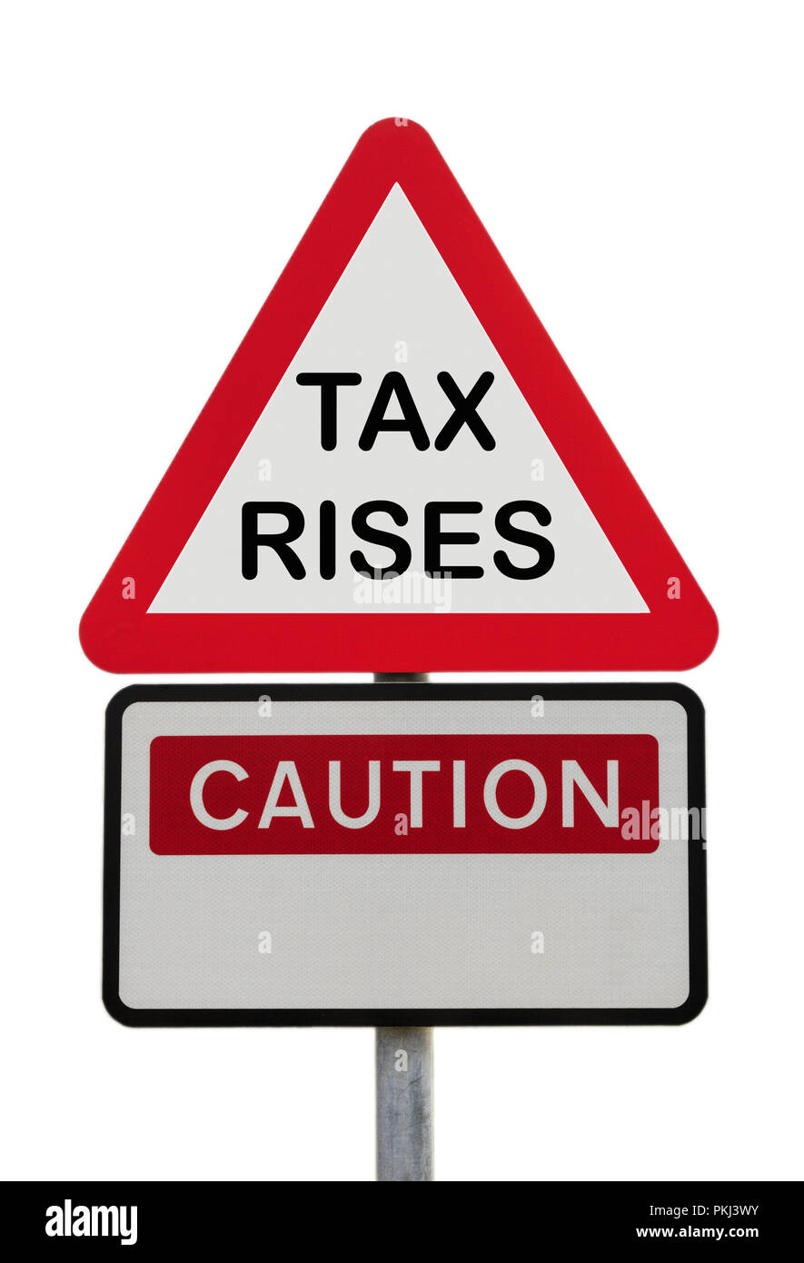 Dreieckige Schild Warnung Vorsicht Steuern steigt die finanzielle Zukunft Konzept zu veranschaulichen. England, Großbritannien, Großbritannien, Europa Stockfoto