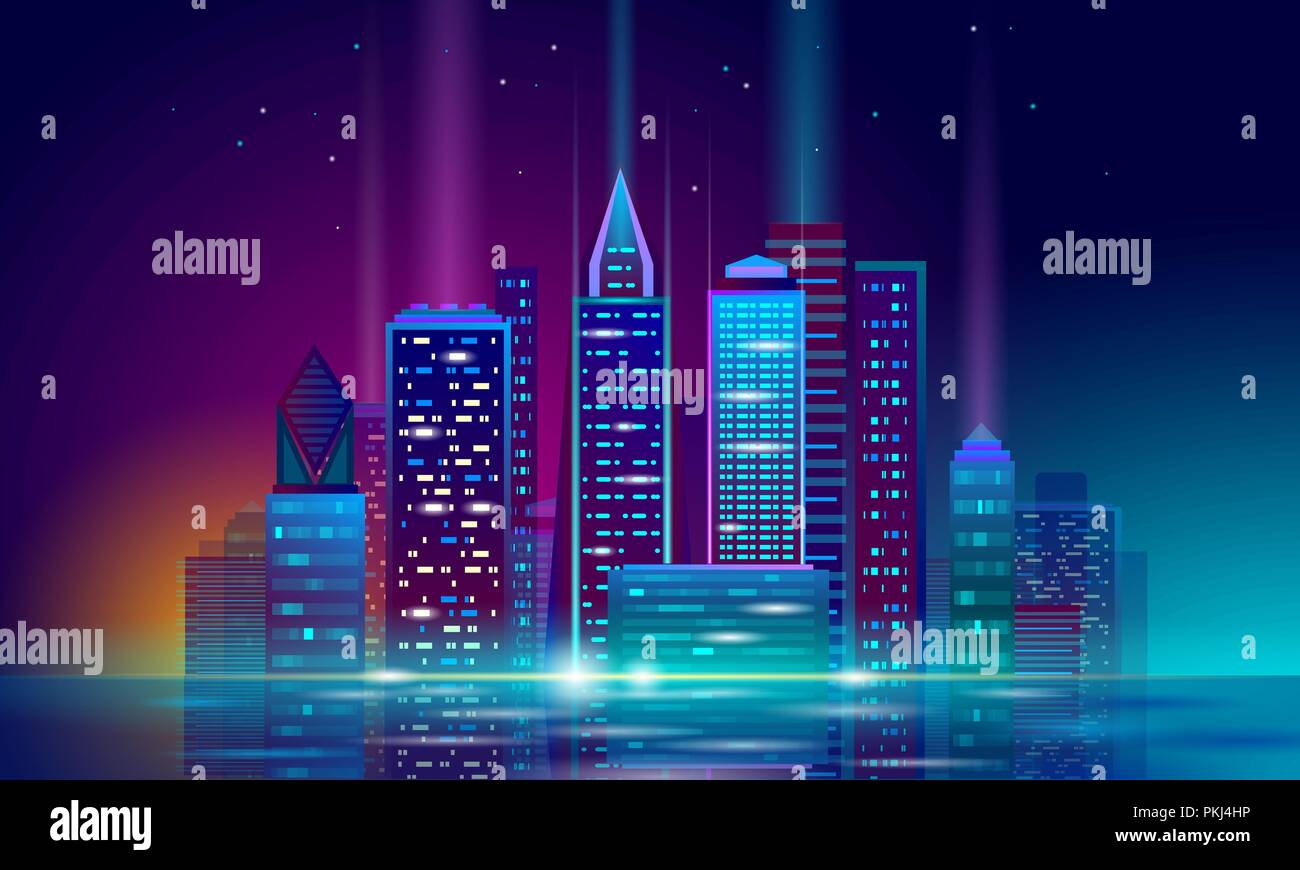 Smart City 3D neon leuchtenden Stadtbild. Intelligente Gebäudeautomation Nacht futuristische Geschäftskonzept. Web online vivid color Cyberpunk retrowave. Urban Technologie banner Vector Illustration Stock Vektor