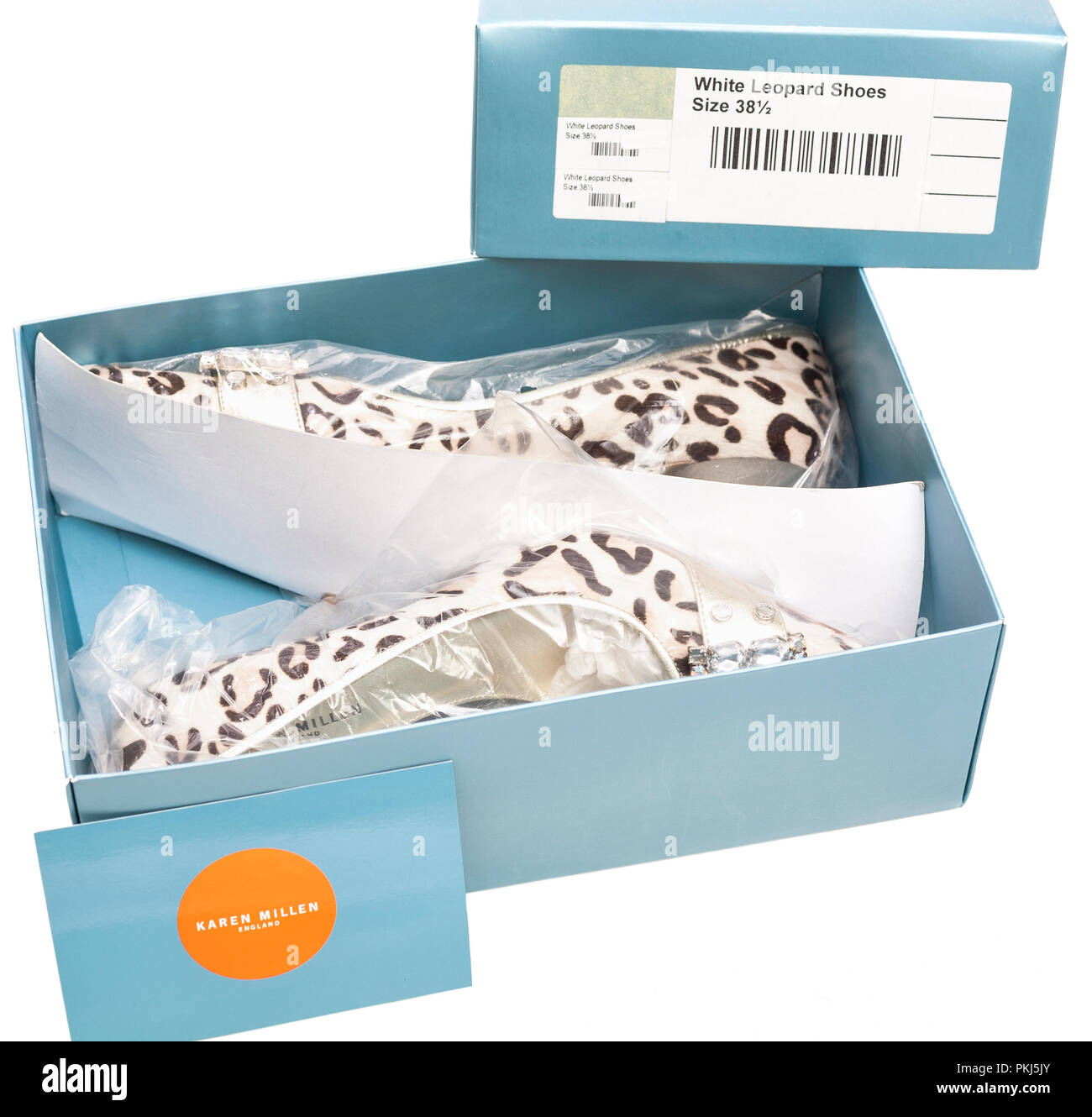 Brandneue Karen Millen luxus Leoparden drucken High Heels Schuhe noch in  Plastikfolie eingewickelt in Schuhkarton auf weißem Hintergrund  Stockfotografie - Alamy
