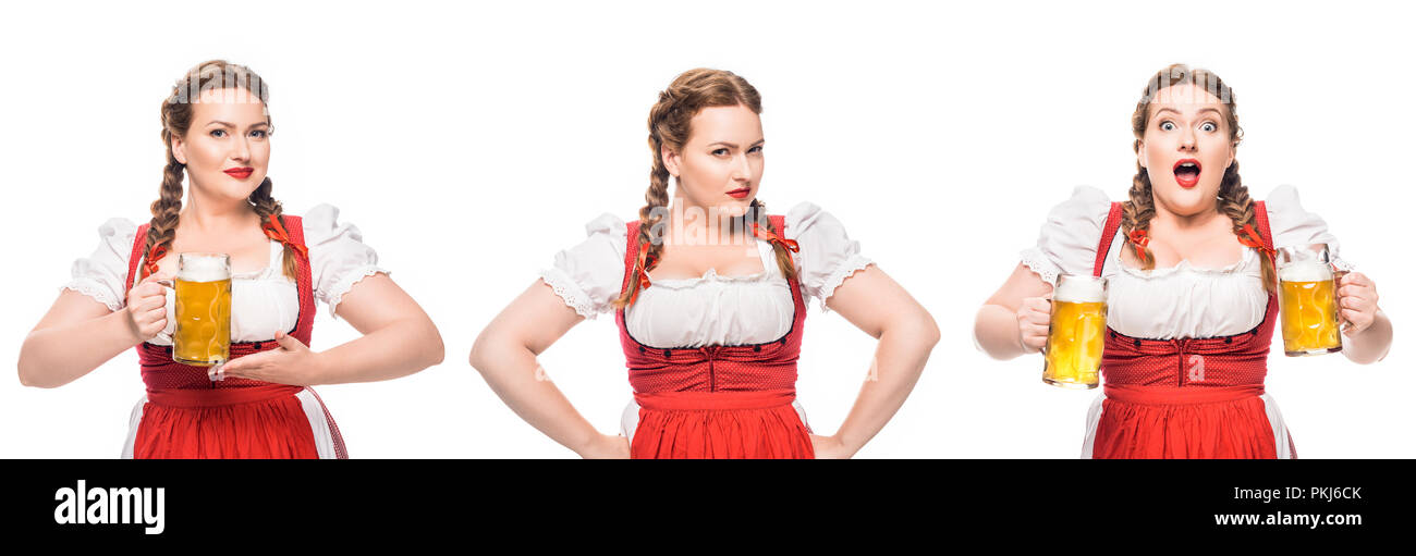Oktoberfest Kellnerin im traditionellen bayerischen Kleid mit hellen Bier in drei verschiedenen Positionen auf weißem Hintergrund Stockfoto