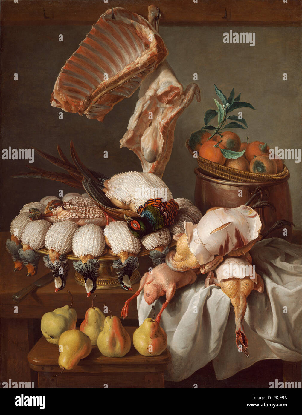 Stillleben mit gekleidet Spiel, Fleisch und Obst. Stand: 1734. Abmessungen: Insgesamt: 121 x 95 cm (47 5/8 x 37 3/8 in.) gerahmt: 146.05 x 118.43 x 5.72 cm (57 1/2 x 46 5/8 x 2 1/4 in.). Medium: Öl auf Leinwand. Museum: Nationalgalerie, Washington DC. Autor: Alexandre-François Desportes. Stockfoto