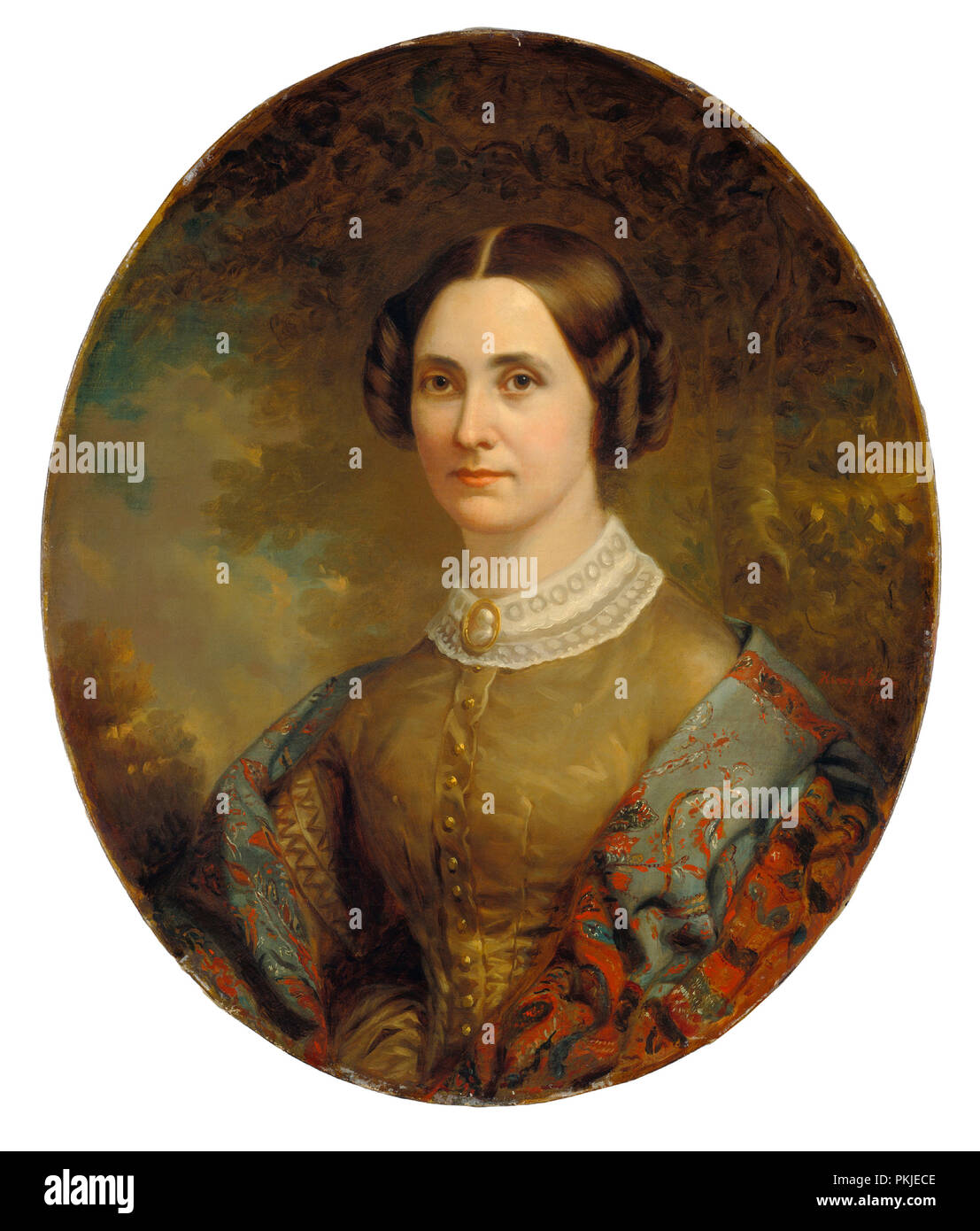 Bildnis einer Dame. Vom: C. 1855/1860. Abmessungen: Insgesamt (oval): 76,2 x 63,8 cm (30 x 25 1/8 in.) gerahmt: 103,2 x 90,5 x 11,4 cm (40 5/8 x 35 5/8 x 4 1/2 in.). Medium: Öl auf Leinwand. Museum: Nationalgalerie, Washington DC. Thema: American 19. Stockfoto