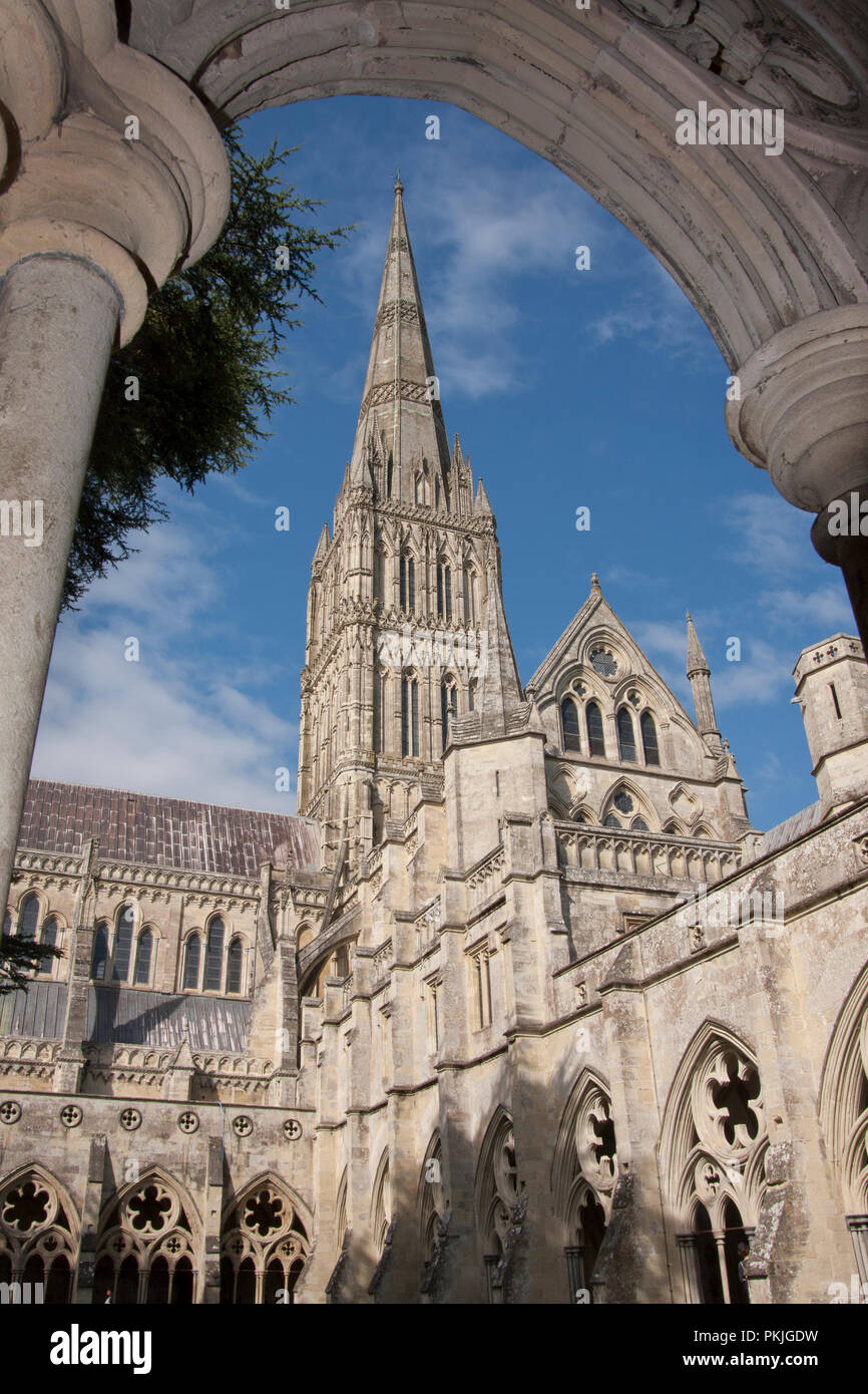 Die Kathedrale von Salisbury durch Torbogen in den Kreuzgängen, Salisbury, Wiltshire, England Stockfoto