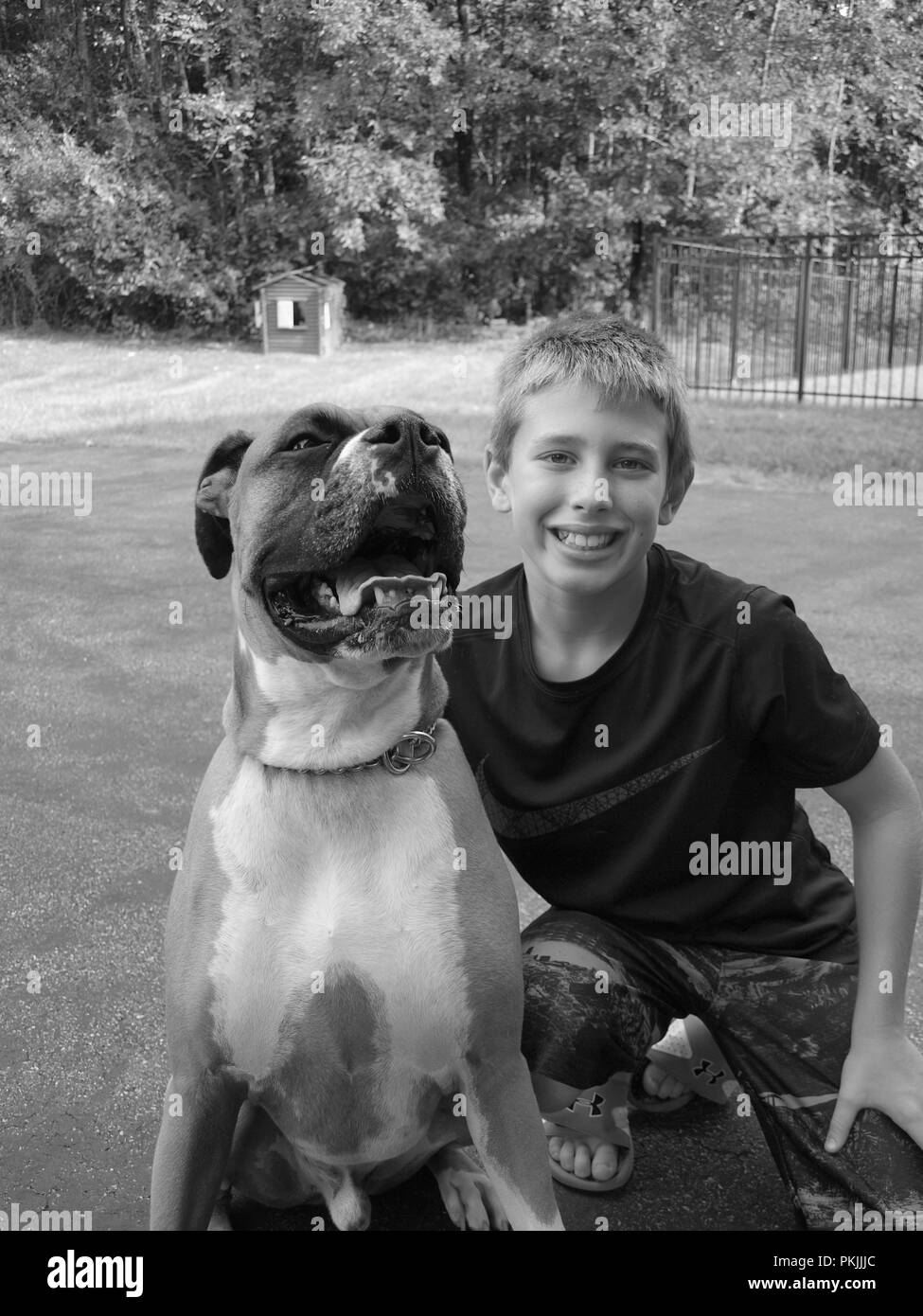 Ein goofy Hund lächelnd mit seinem Kumpel. Eine glückliche junge und sein Hund. Stockfoto