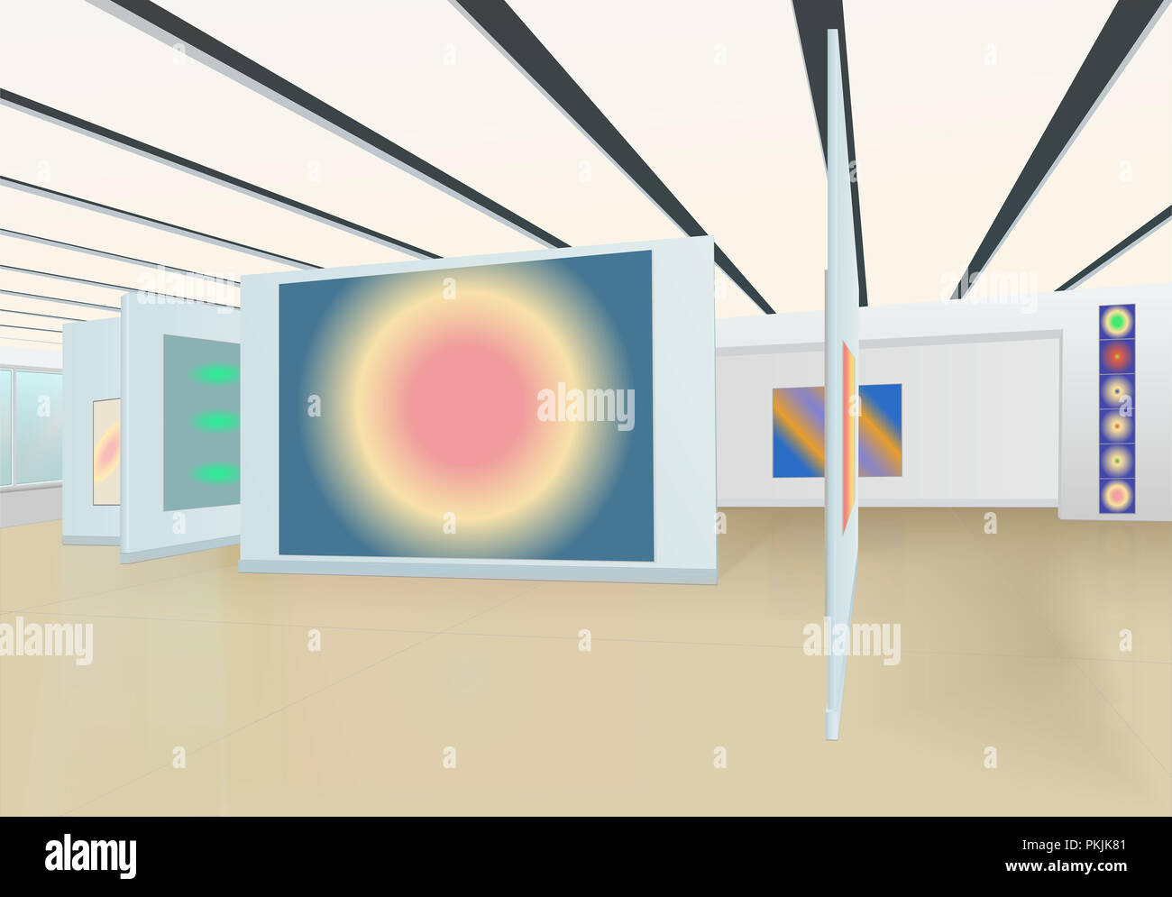 3D-Panorama der Halle der Bildergalerie mit modernen abstrakten Gemälde, gestreifte Decke, Fenster mit grünem Glas und Schatten auf dem braunen Boden Stockfoto