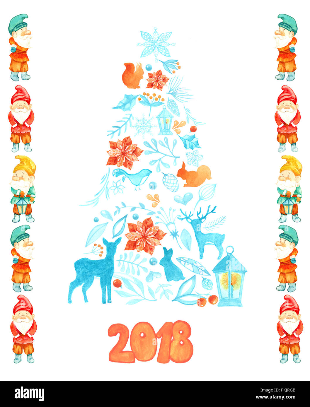 Aquarell Weihnachtskarte mit Weihnachtsbaum und Gnome. Postkarte Vorlage für Designer. Hirsche, Eichhörnchen, Kaninchen, Vogel, Zweig, Beeren, Laterne Stockfoto