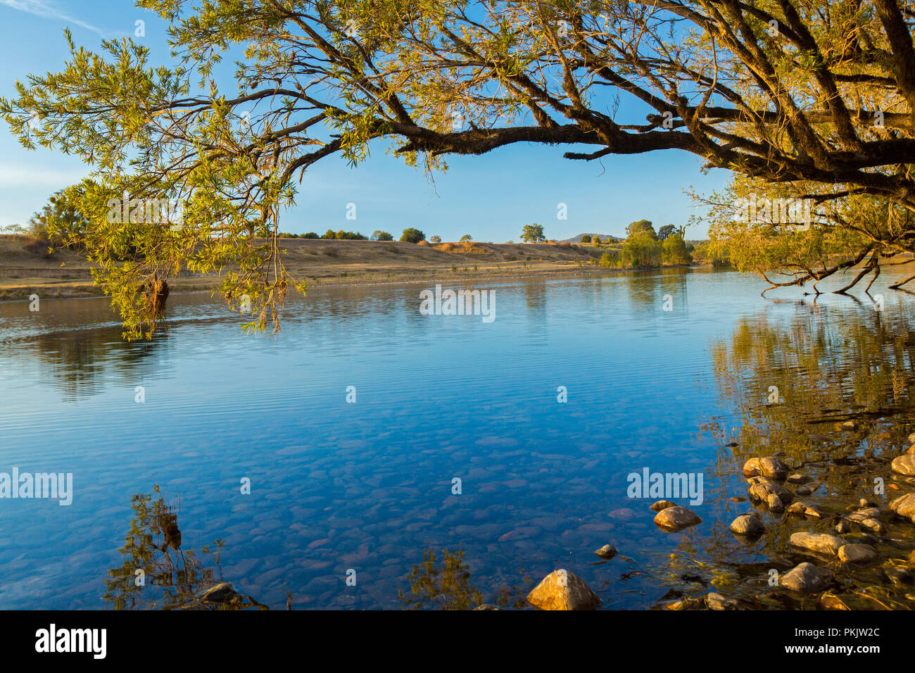 Ruhige blaue Wasser des Clarence River schneiden durch bewaldete Landschaft unter blauem Himmel im Norden von NSW Australien Stockfoto