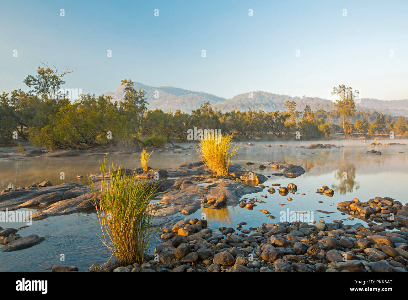 Atemberaubende australische Landschaft mit Felsen verstreut blaue Wasser von Mann Fluss gesäumt von Wäldern am Fuße der Bereiche unter blauem Himmel des frühen Morgens in NSW Stockfoto