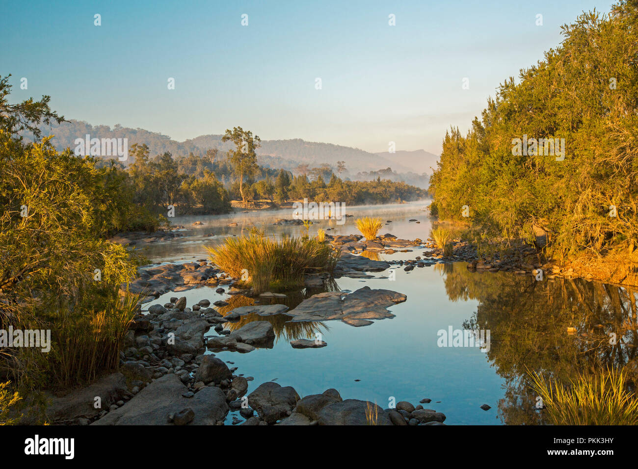 Atemberaubende australische Landschaft mit Felsen verstreut blaue Wasser von Mann Fluss gesäumt von Wäldern am Fuße der Bereiche unter blauem Himmel des frühen Morgens in NSW Stockfoto
