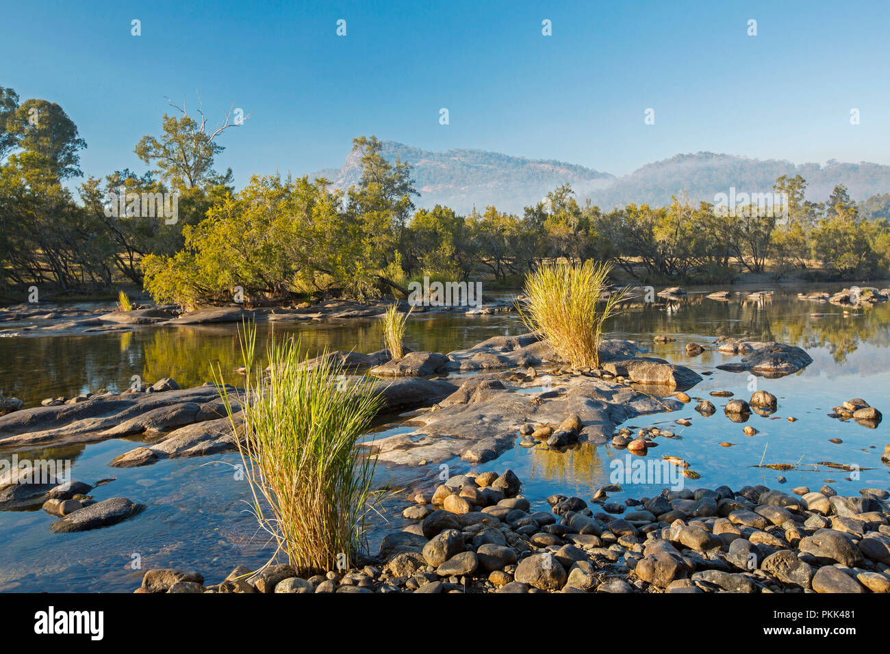 Atemberaubende australische Landschaft mit Felsen verstreut blaue Wasser von Mann Fluss gesäumt von Wäldern am Fuße der Bereiche unter blauem Himmel des frühen Morgens in NSW Stockfoto