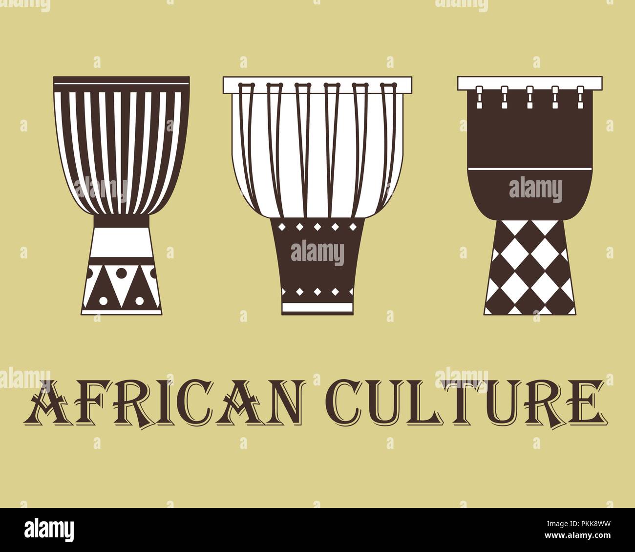 Satz von drei traditionellen afrikanischen Trommeln auf einem beigen Hintergrund. Stock Vektor
