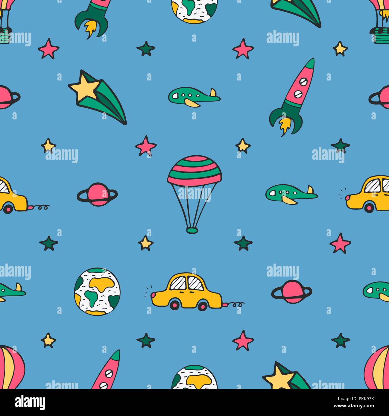 Blau nahtlose Muster für Design mit Auto, eine Rakete und Luftballons. Stock Vektor