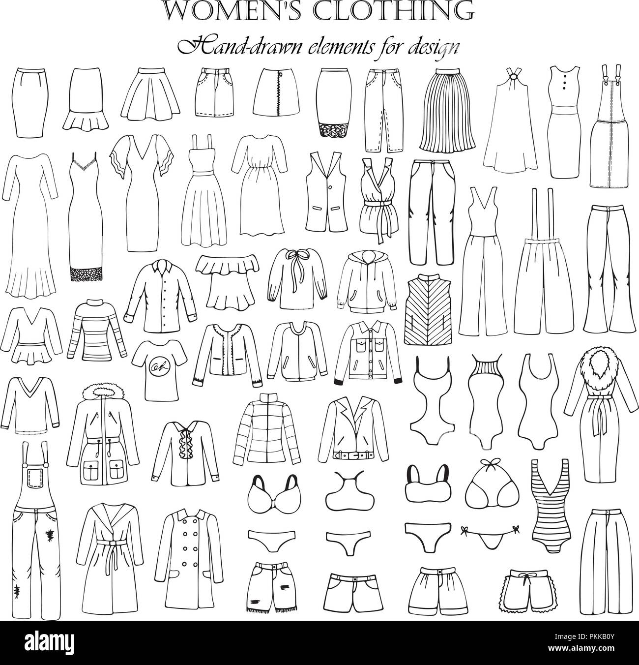 55-hand gezeichnete Elemente der Frauen Kleidung für Design. Schwarz-weiß-Vector  Illustration Stock-Vektorgrafik - Alamy