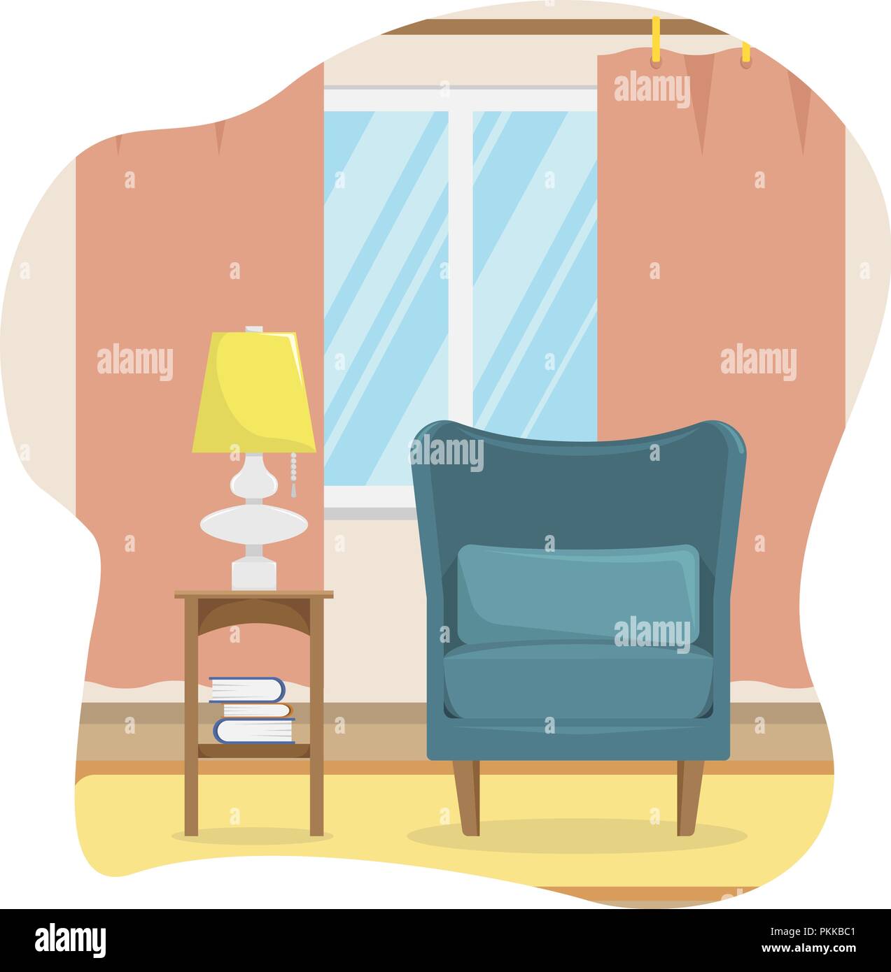 Flache Vector Illustration der Wohnzimmer mit einem Stuhl und Tisch Lampe. Stock Vektor