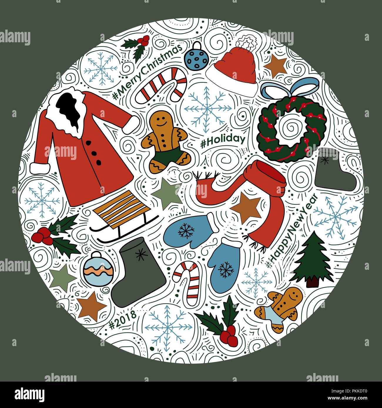 Der Kreis mit neuen Jahr Bilder. Vector Illustration für Winterurlaub. Stock Vektor