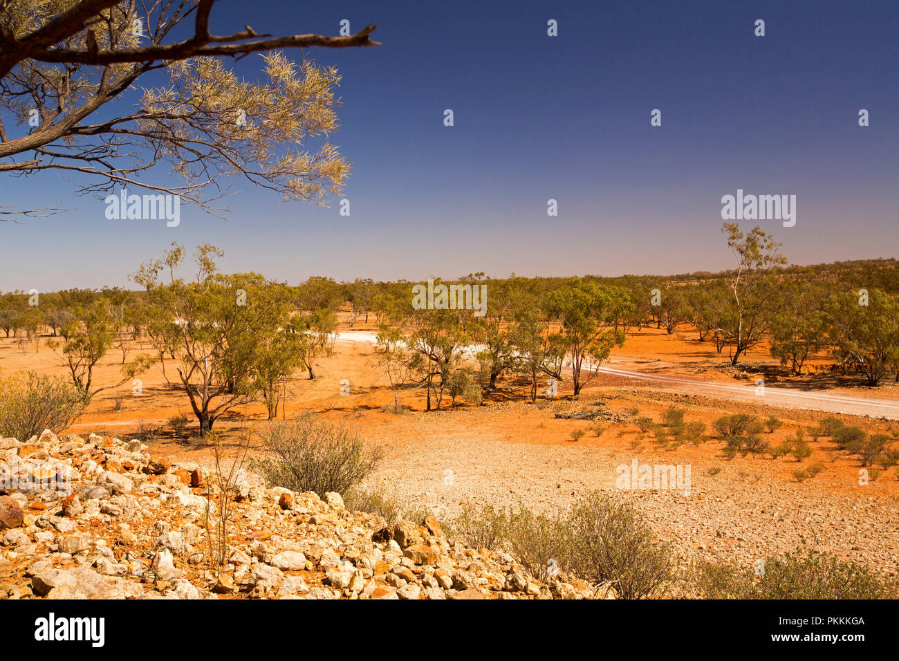 Blick vom steinigen Hügel des Australischen Outback Landschaft mit weg schneiden über Ebenen, Bäume, dieser Ausdehnung zu Horizont unter blauem Himmel in Qld Stockfoto