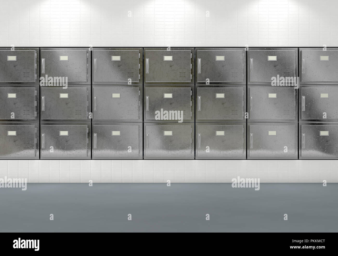 Eine flache Wand der Abschaltung Kühlschränke in einem sauberen weißen ward in einer Leichenhalle - 3D-Rendering Stockfoto