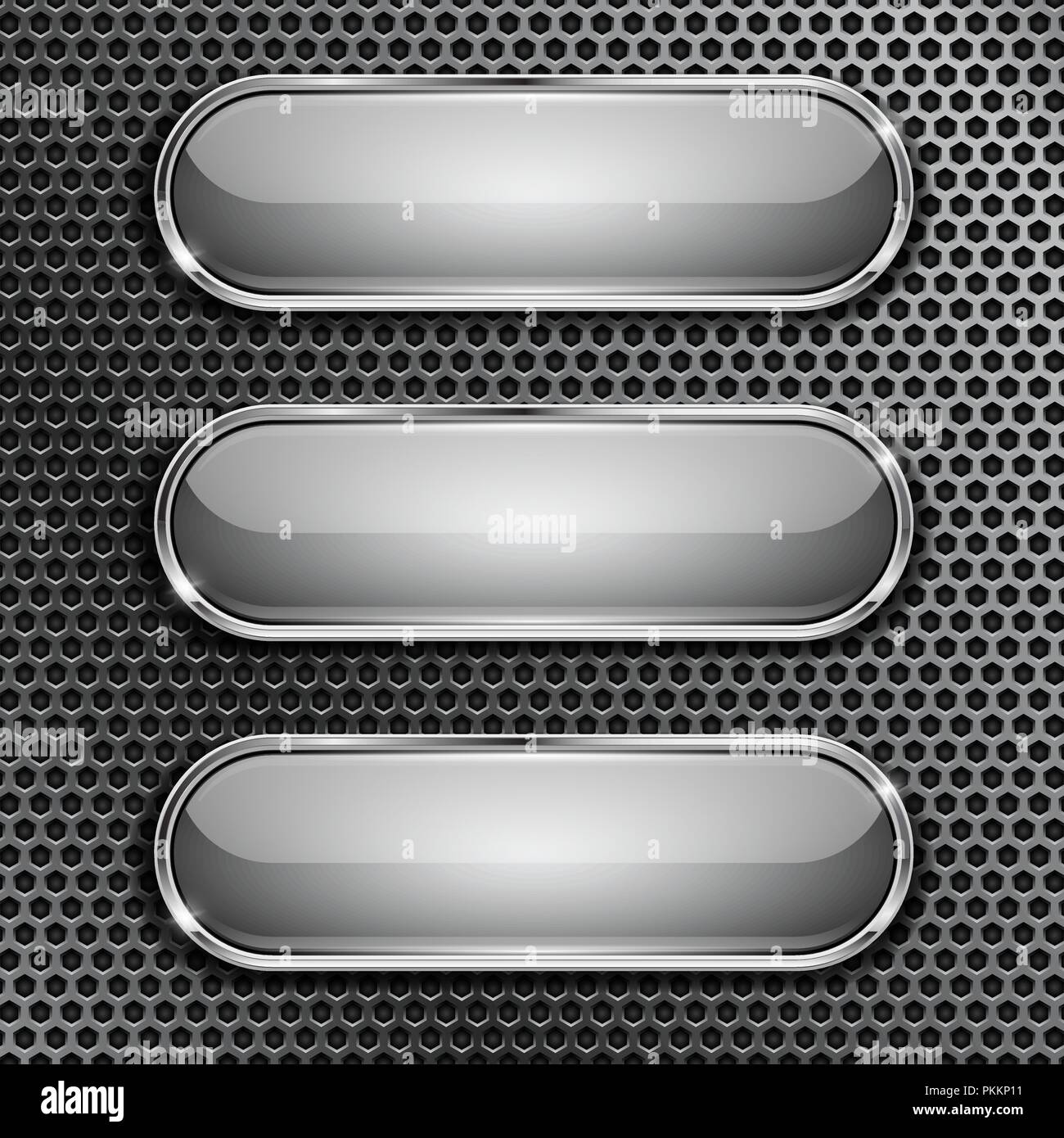 Ovale Glas Tasten mit Chrome Frame auf Metall gelochte Hintergrund Stock Vektor
