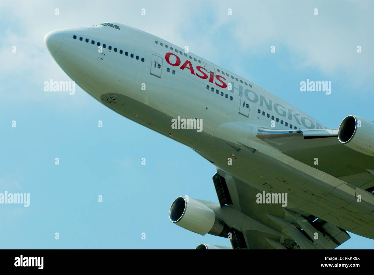 Oasis Hong Kong Airlines Boeing 747 Jet-Flugzeug. Fluggesellschaft. Jumbo-Jet-Flugzeuge fliegen in Biggin Hill, Kent, Großbritannien Stockfoto