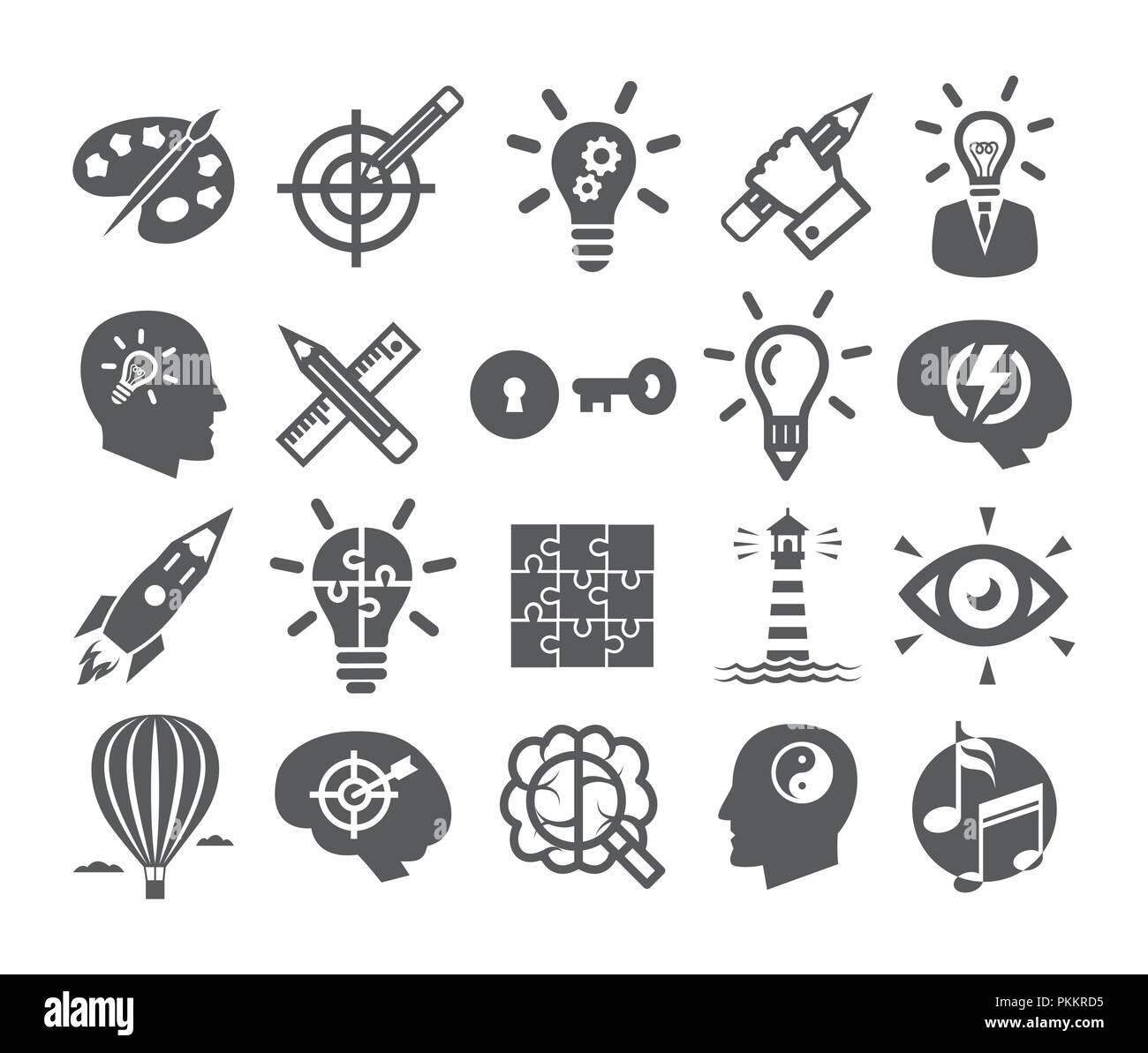Kreativität Icons Set Symbole für Inspiration, Idee, Gehirn, Phantasie, Problemlösung, Mind Power Stock Vektor