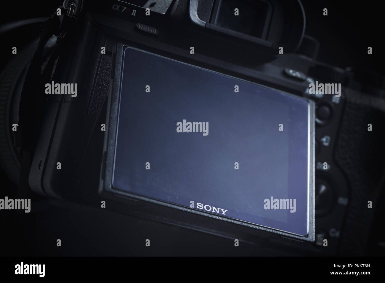 Heckscheibe eines Sony a7rii spiegellosen Kamera vor einem dunklen Hintergrund. Stockfoto