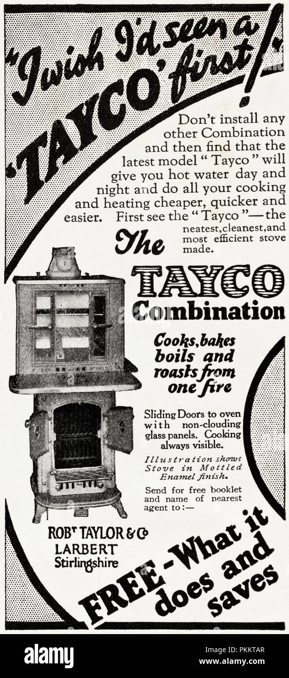 1930er Jahre alten Vintage original advert Werbung Tayco Kombination Kocher  & Heizung Herd von Robert Taylor & Co von larbert Stirlingshire Schottland  Großbritannien in Englisch Magazin ca. 1932 Stockfotografie - Alamy