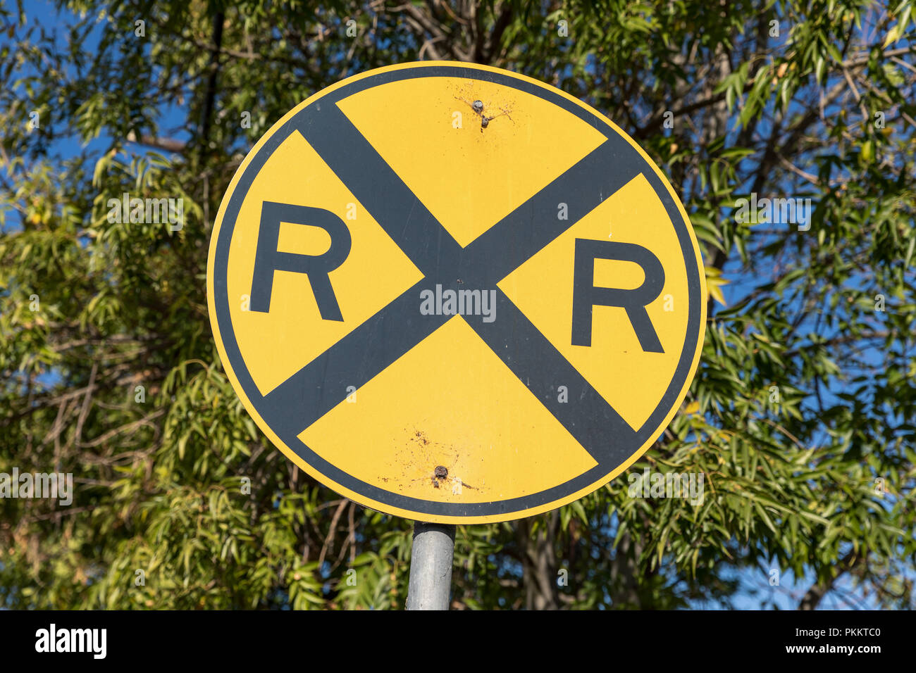 RRX, gelb und schwarz Bahnübergang Zeichen, Kalifornien, USA Stockfoto