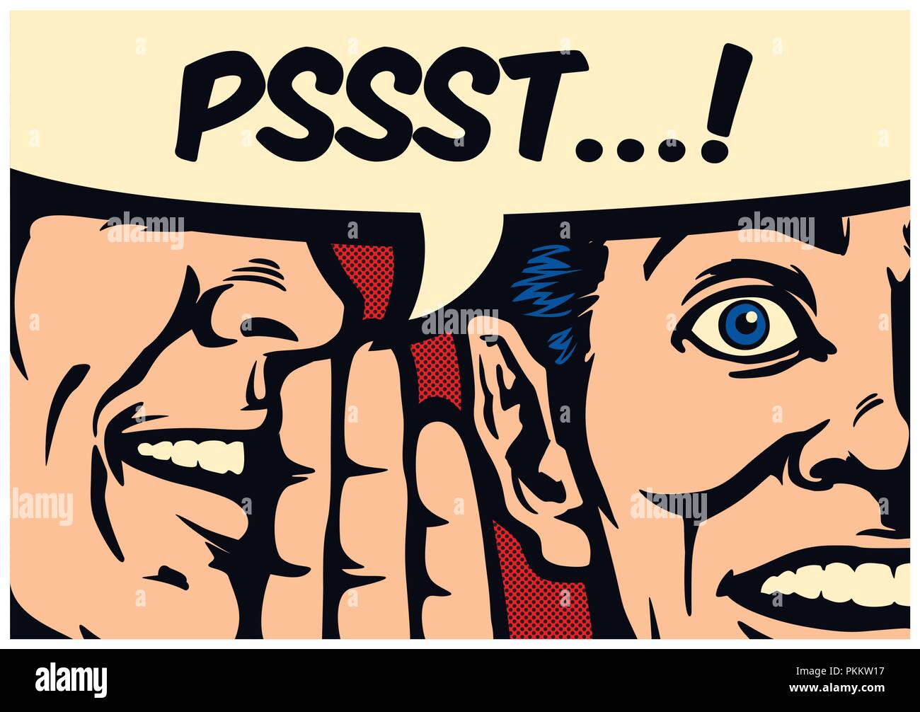Pop Art Stil Comic panel Klatsch Mann flüsternd geheim oder Nachrichten in Ohr von überrascht Person mit Sprechblasen, Mund-zu-Mund Vector Illustration Stock Vektor