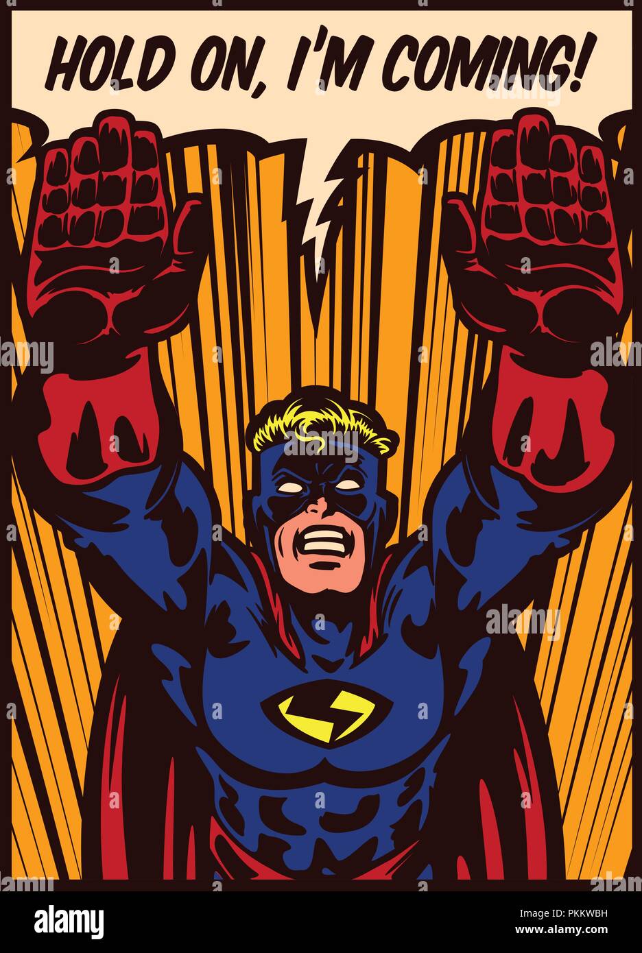 Pop Art Comic Stil Superhelden fliegen zur Rettung Vektor poster Design Illustration Stock Vektor
