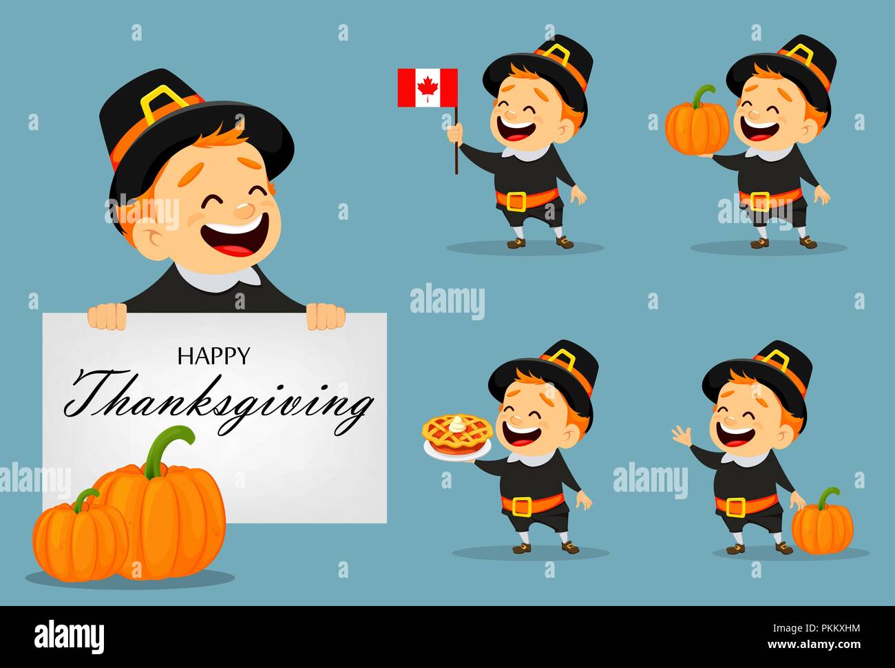 Thanksgiving Grußkarte mit kanadischen Mann mit einem Pilgrim Hut, von fünf Stellen darstellt. Lustige cartoon Charakter für den Urlaub. Vector Illustration Stock Vektor