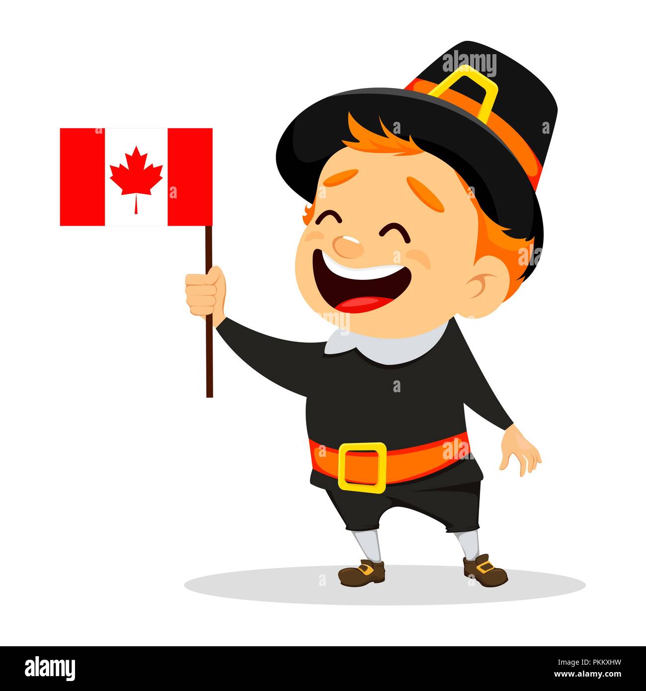 Thanksgiving Grußkarte mit kanadischen Mann, ein Pilger hat und Holding Nationalflagge. Lustige cartoon Charakter für den Urlaub. Vector Illustration Stock Vektor