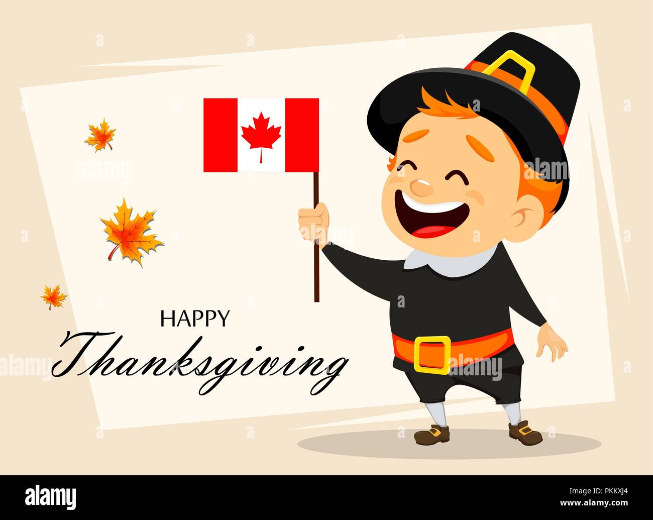 Thanksgiving Grußkarte mit kanadischen Mann mit National Flagge. Lustige cartoon Charakter für den Urlaub. Vector Illustration auf hellen Hintergrund mit Stock Vektor