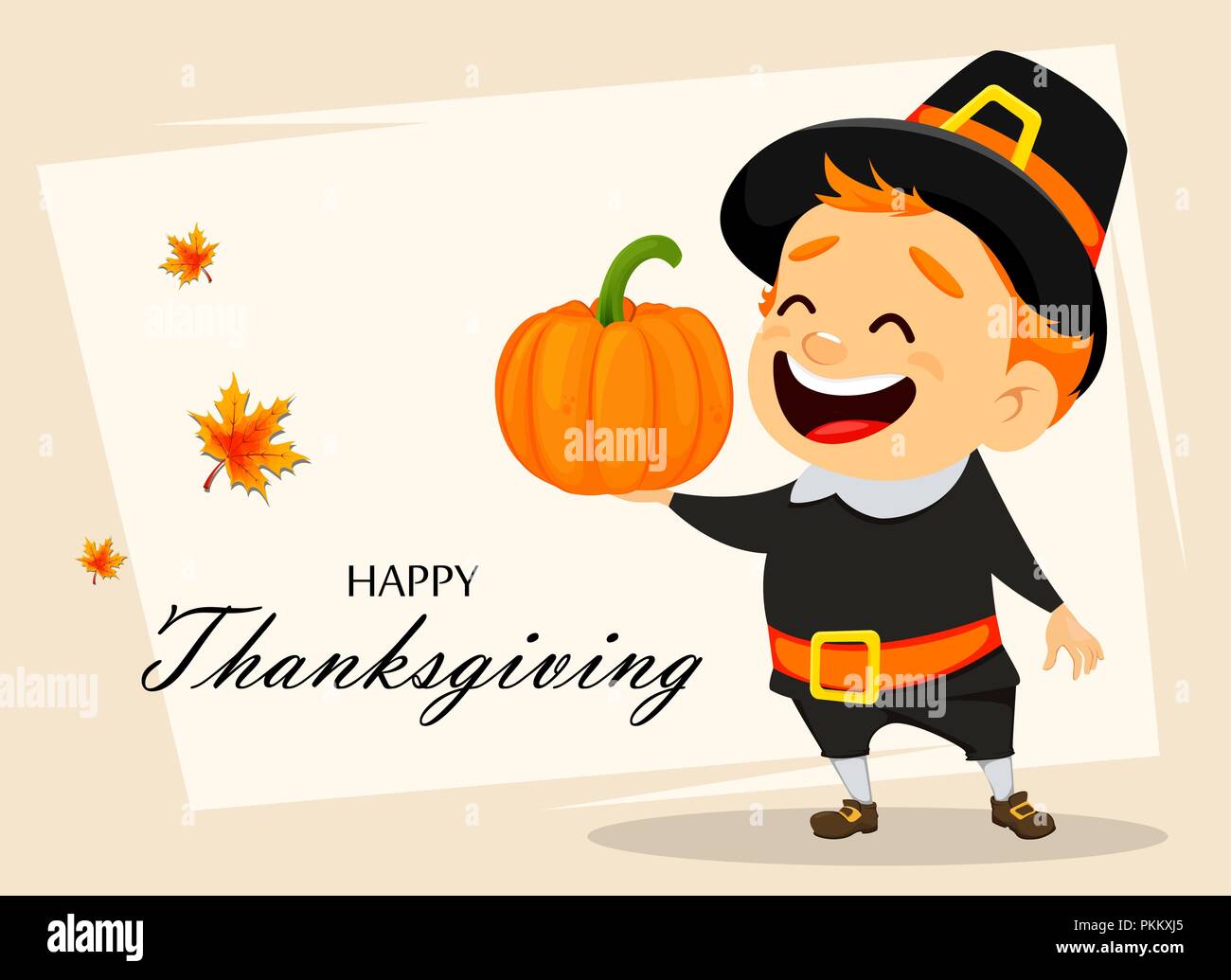 Thanksgiving Grußkarte mit kanadischen Mann mit Kürbis. Lustige cartoon Charakter für den Urlaub. Vector Illustration auf hellen Hintergrund mit Ahorn Stock Vektor