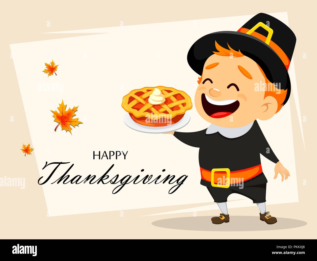 Thanksgiving Grußkarte mit kanadischen Mann mit köstlichen Kürbiskuchen. Lustige cartoon Charakter für den Urlaub. Vector Illustration auf Licht backgrou Stock Vektor