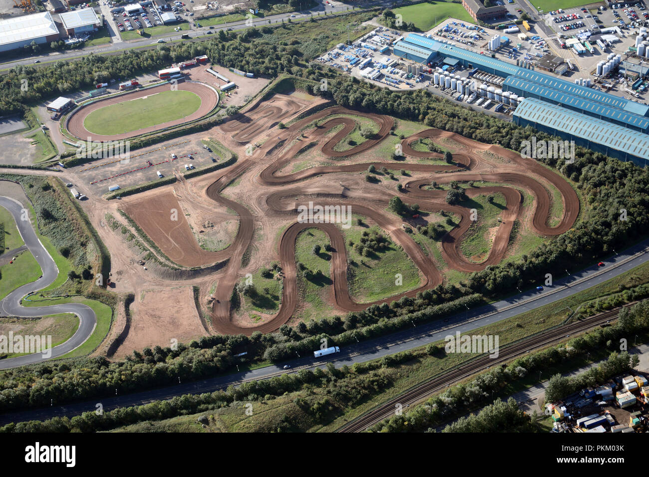 Luftaufnahme der Teil der Motor Sports Park Komplex in Middlesbrough Stockfoto