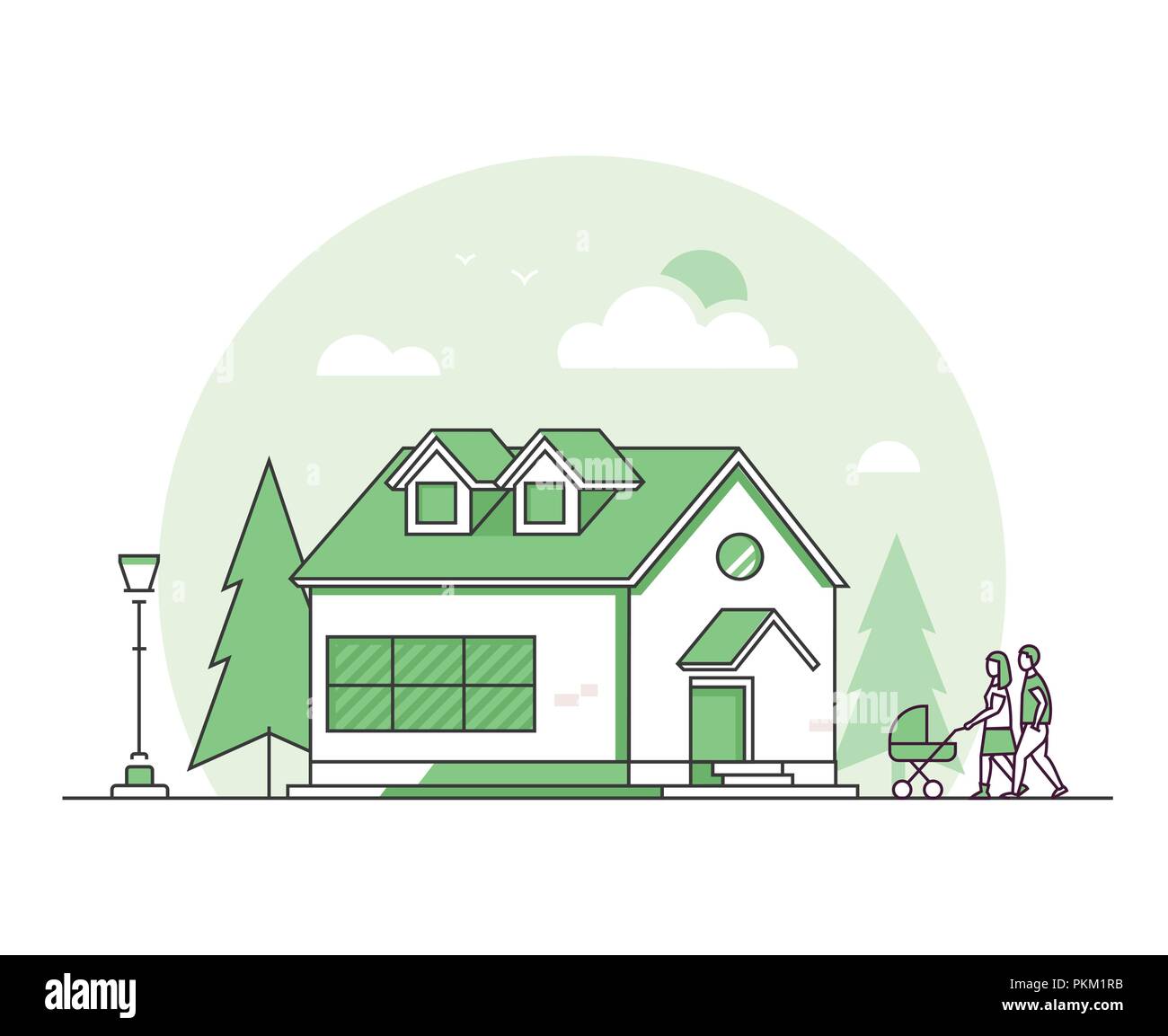 Ferienhaus Haus - Moderne thin line Design Vektor Grafik auf weißem Hintergrund. Grün gefärbt Zusammensetzung mit einer schönen kleinen Gebäude, Bäume, La Stock Vektor