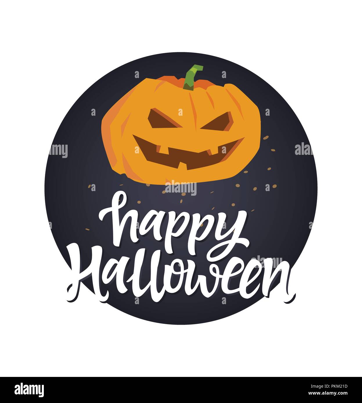 Happy Halloween Poster - moderne und farbenfrohe Vector Illustration auf weißem Hintergrund. Lustiges Symbol, Kürbis Jack-o-Lantern mit Kalligraphie Schrift auf schwarzem Stock Vektor