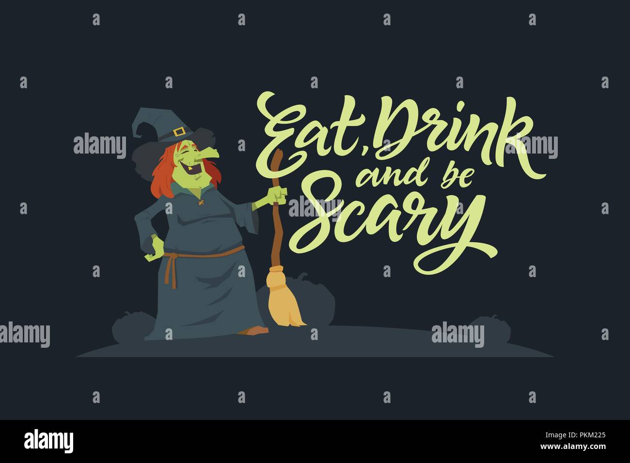 Essen, Trinken und beängstigend sein - moderne Vektor Poster auf schwarzen Hintergrund mit Kalligraphie grüner Text. Lachende Hexe mit Besen und ein Hut, Kürbisse silho Stock Vektor