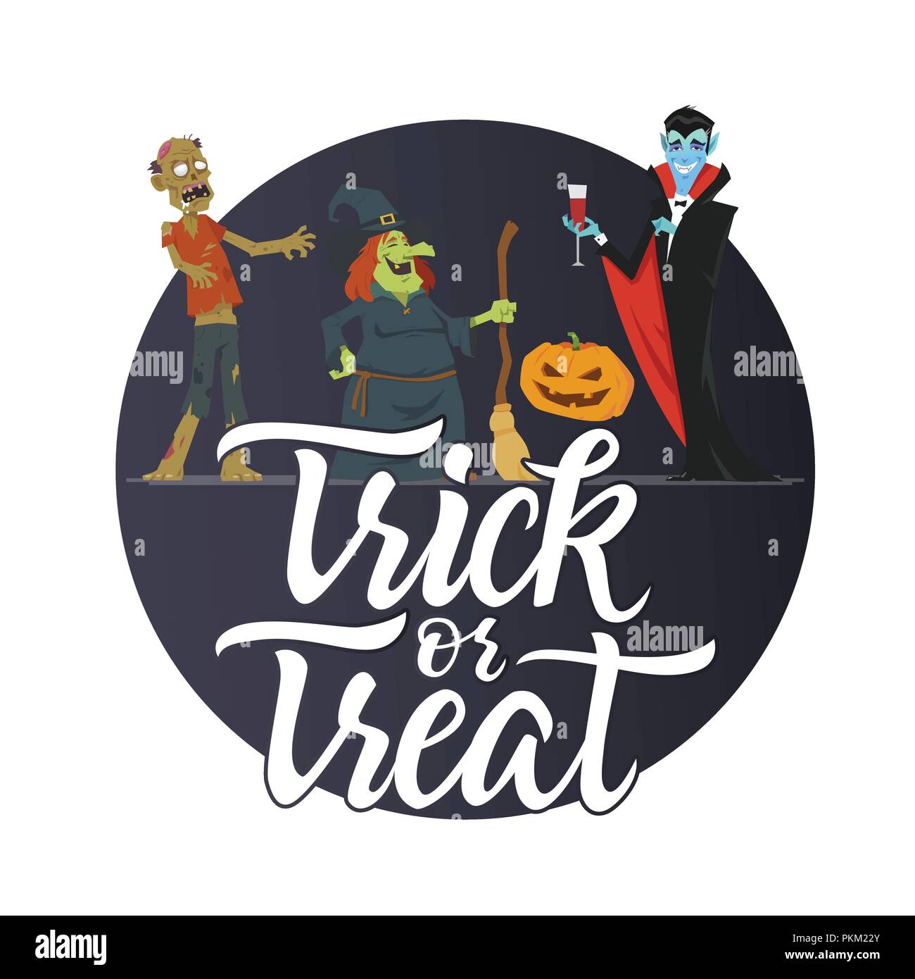 Trick oder Festlichkeit - moderne und farbenfrohe Vektor Poster auf weißem Hintergrund mit Kalligraphie Text. Halloween Symbole, gruselige Vampire, Hexe mit Besen, Zombie, Stock Vektor
