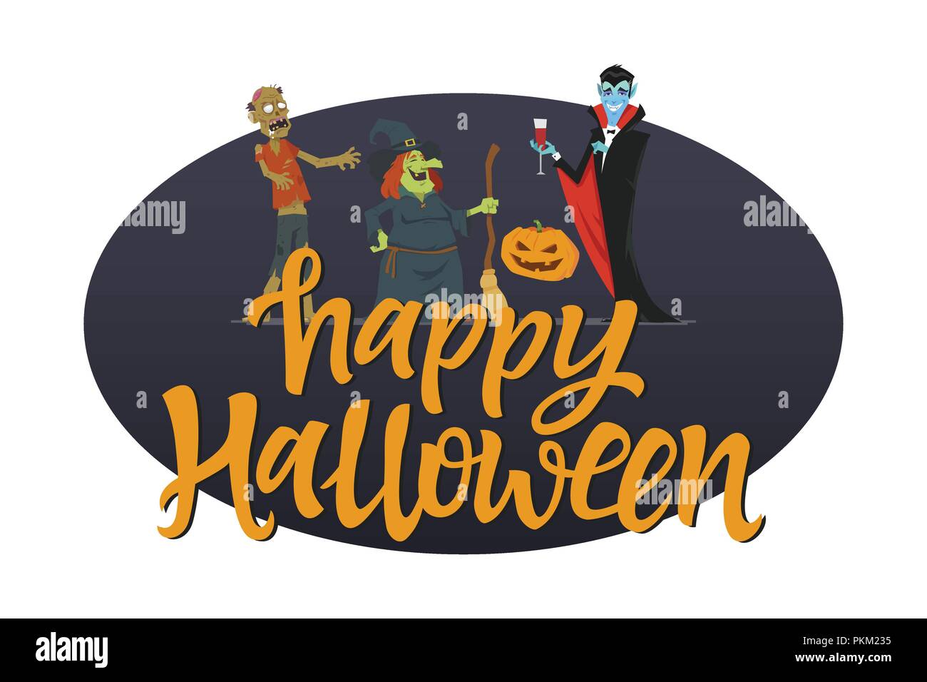 Happy Halloween Poster - moderne Zeichentrickfigur Abbildung auf weißem Hintergrund mit Kalligraphie Text. Halloween Symbole, gruselige Vampire, Hexe wit Stock Vektor