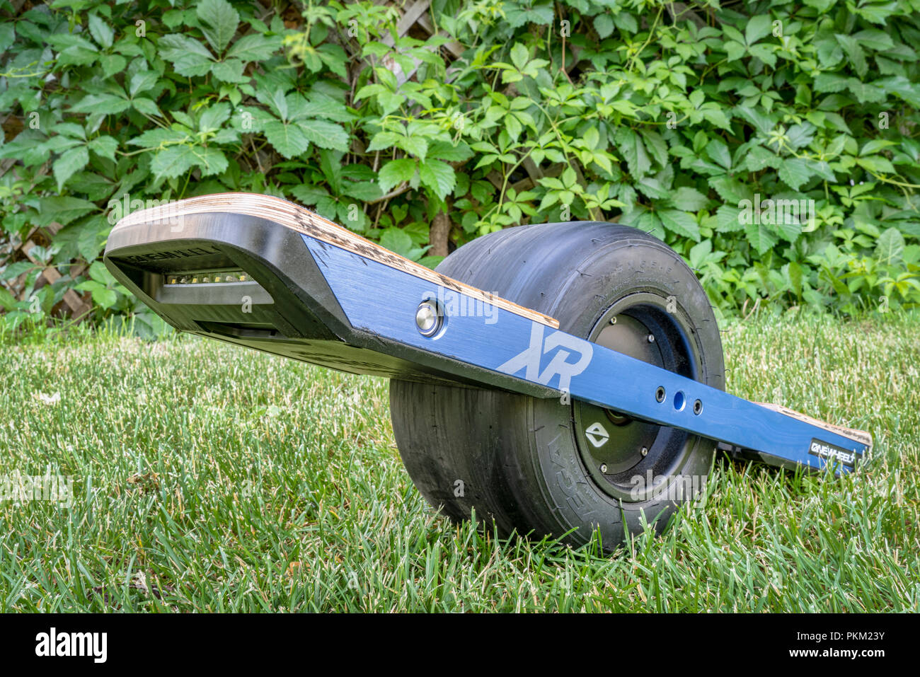 Fort Collins, CO, USA - 16. Juni 2018: Onewheel, ein Selbst - ausgewogene electric Skate Board (+ XR Modell) durch zukünftige Motion auf Gras in einem Hinterhof. Stockfoto