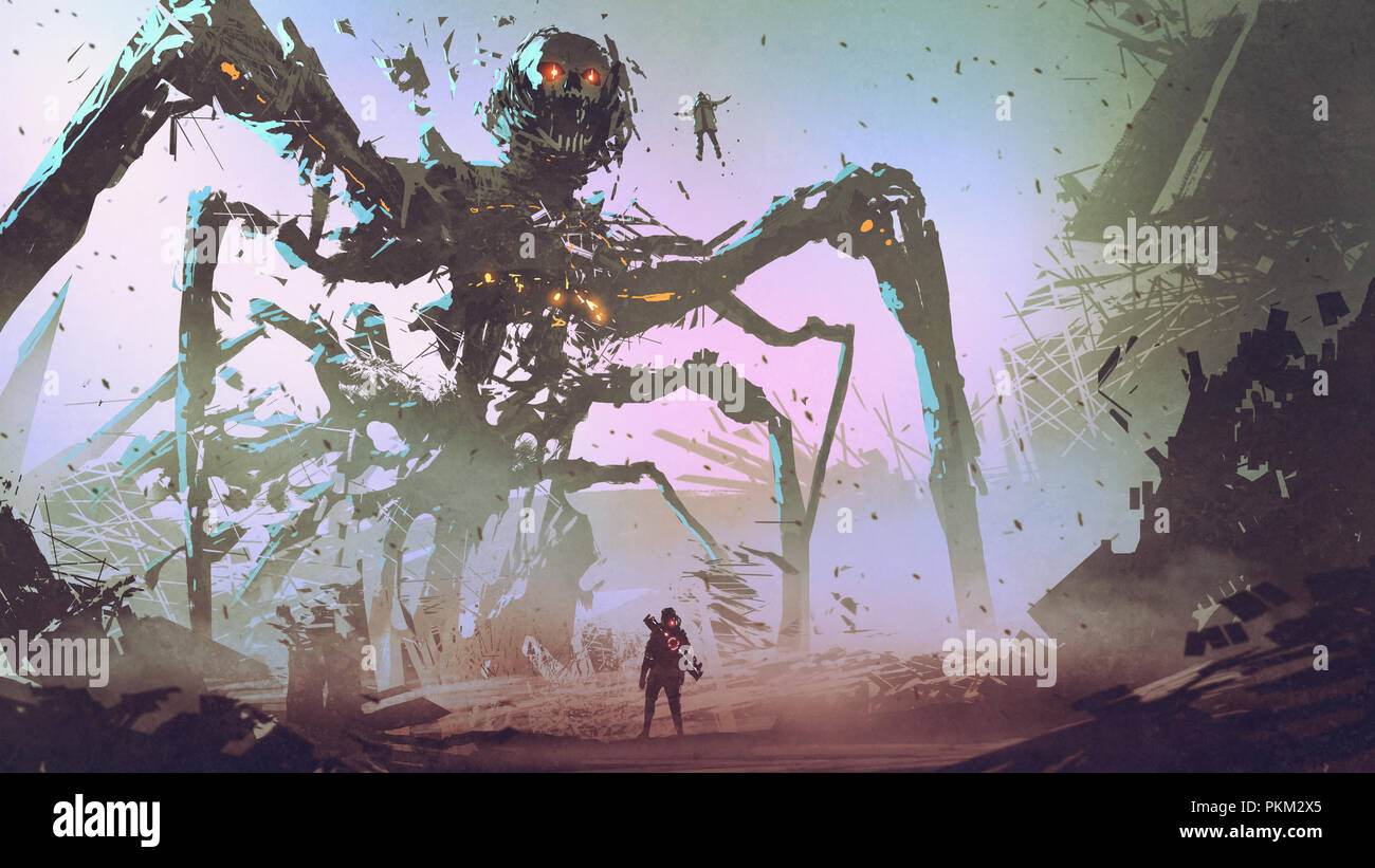 Der Mann mit Blick auf den Riesen Spinne Roboter, digital art Stil, Illustration Malerei Stockfoto