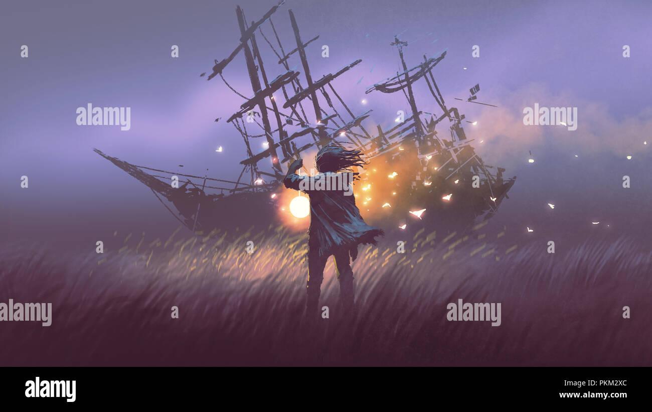 Nacht Landschaft von einem Mann mit magische Laterne stehen im Feld Suchen bei Schiffbruch, digital art Stil, Illustration Malerei Stockfoto