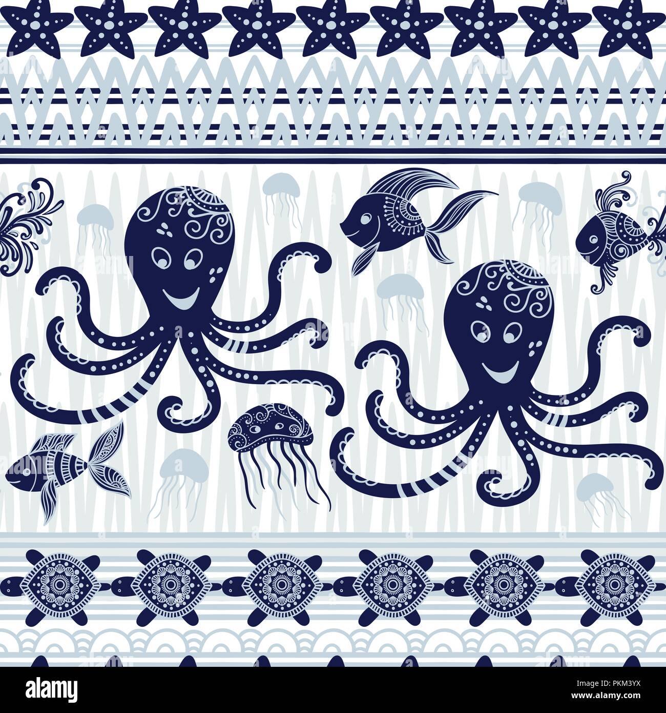 Stripe nahtlose Muster mit Meer unterwasser Tiere. Cute cartoon Qualle, Kraken, Seesterne und Schildkröten. Marine Hintergrund für Kinder. Perfekt für Textildruck, Tuch, Design und Stoff Stock Vektor
