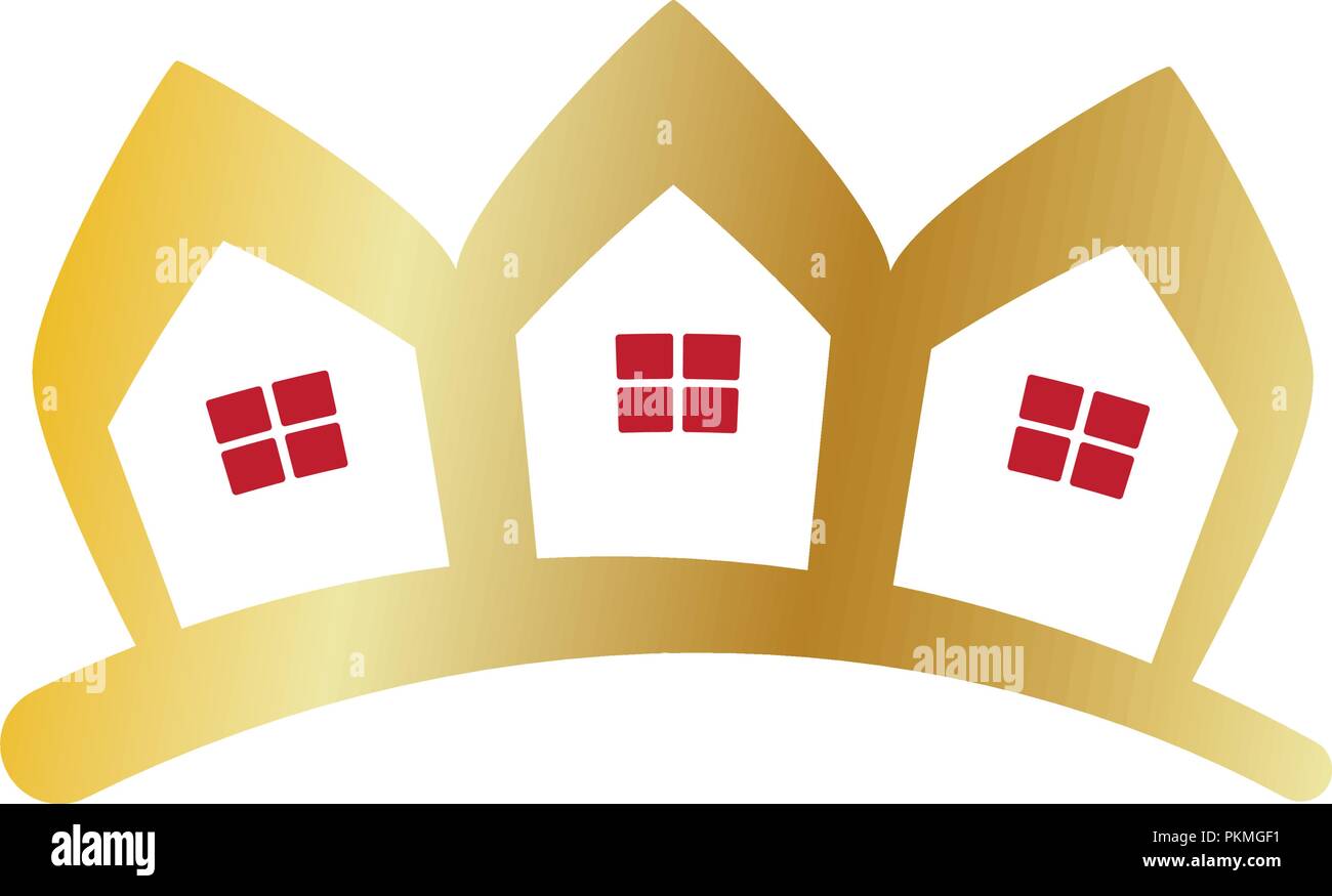 Reihe von Häusern als eine goldene Krone. Immobilien-Symbol. Stock Vektor